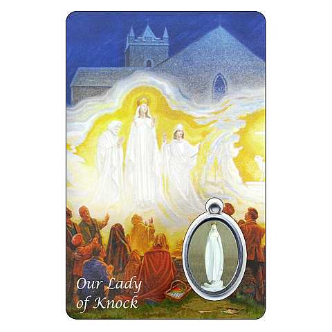 Card Madonna di Knock con medaglia resinata - 5,5 x 8,5 cm - in inglese