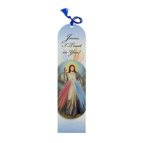 Segnalibro di Gesù Misericordioso / Divina Misericordia a forma di cupola con fiocchetto blu - 5,5 x 22,5 cm - inglese