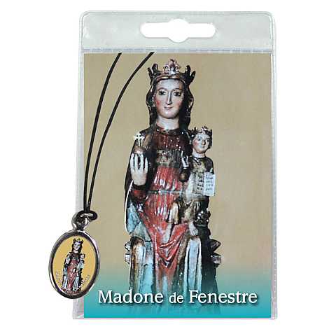 Medaglia Madone de Fenestre con laccio in blister con preghiera in francese