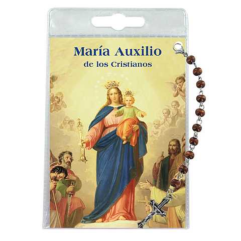 Decina in legno con immagine della Madonna Ausiliatrice preghiera in spagnolo
