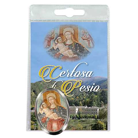 Calamita Madonna della Certosa di Pesio in metallo nichelato con preghiera in italiano