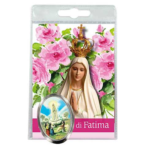 Calamita Madonna di Fatima in metallo nichelato con preghiera in italiano