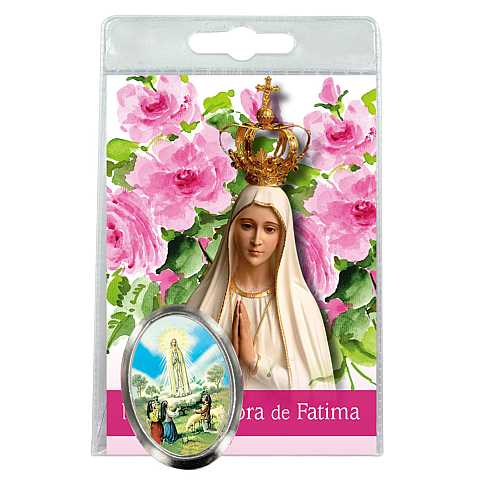 Calamita Madonna di Fatima in metallo nichelato con preghiera in spagnolo
