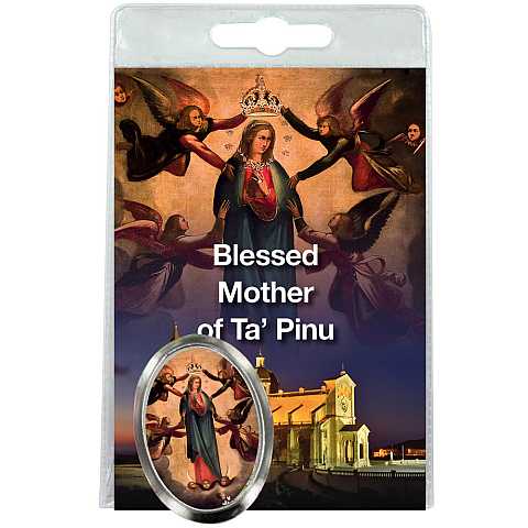 Calamita Madonna Ta Pinu in metallo nichelato con preghiera in inglese