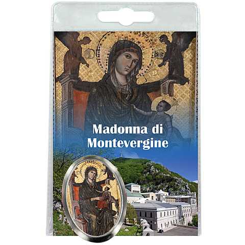Calamita Madonna di Montevergine in metallo nichelato con preghiera in italiano