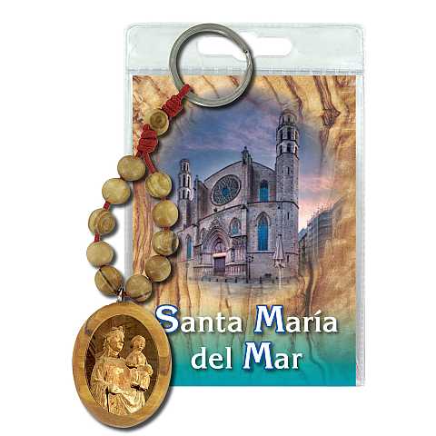 Portachiavi Basilica Santa Maria del Mar con decina in ulivo e preghiera in spagnolo