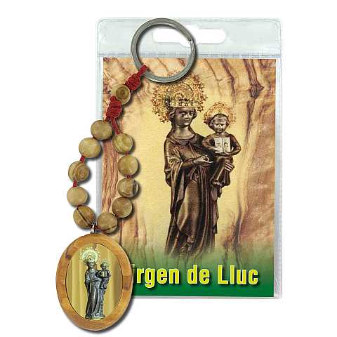 Portachiavi Madonna di Lluc con decina in ulivo e preghiera in spagnolo