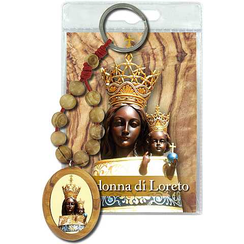 Portachiavi Madonna di Loreto con decina in ulivo e preghiera in italiano