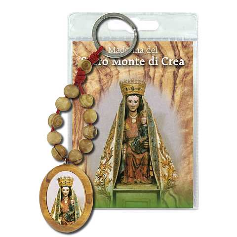 Portachiavi Madonna del Sacro Monte di Crea con decina in ulivo e preghiera in italiano