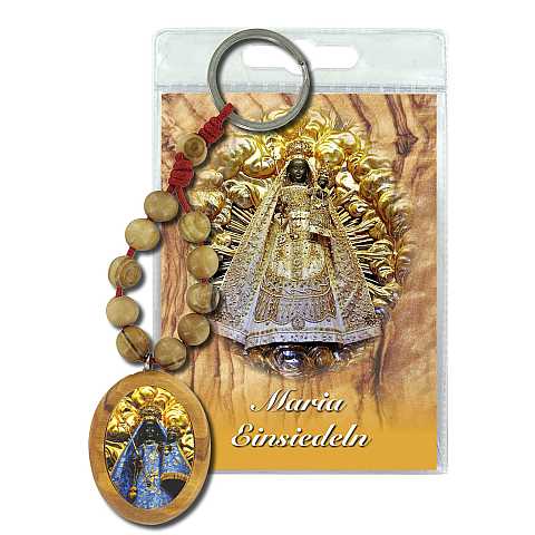 Portachiavi Madonna di Einsiedeln con decina in ulivo e preghiera in tedesco