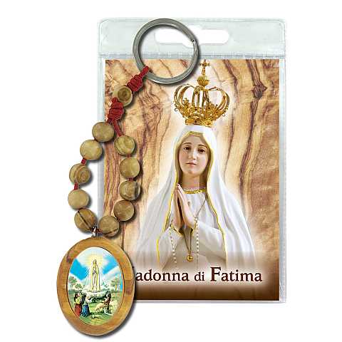 Portachiavi Madonna di Fatima con decina in ulivo e preghiera in italiano