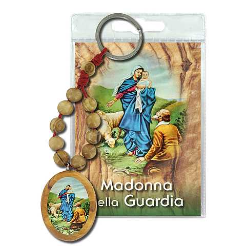Portachiavi Madonna della Guardia (Genova) con decina in ulivo e preghiera in italiano