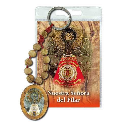 Portachiavi Madonna del Pilar con decina in ulivo e preghiera in spagnolo