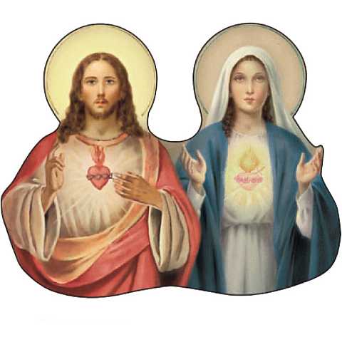 STOCK: Immagine del Sacro Cuore di Gesù e di Maria sagomata su legno mdf - 8 x 6,5 cm