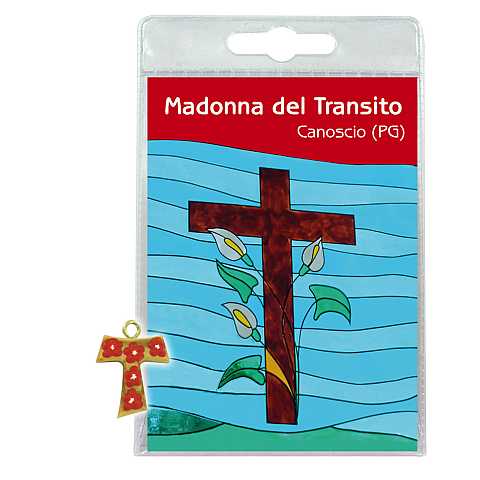 Blister B) Madonna del Transito con croce tau in ulivo e fiori - italiano