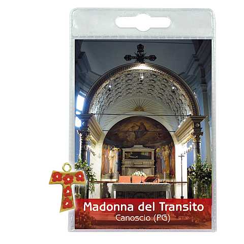 Blister C Madonna del Transito con croce tau in ulivo e fiori - italiano