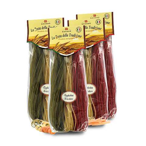 4 Confezioni Di Tagliolini Tricolore, Pasta Artigianale Di Grano Duro Colorata, Singola Confezione: 250 Grammi