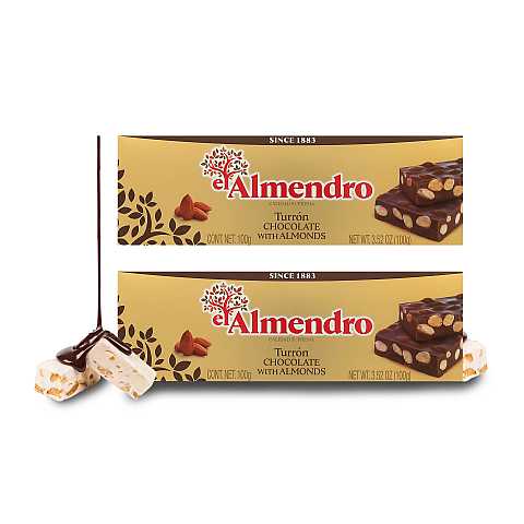 Stecca Di Torrone Spagnolo Al Cioccolato E Mandorle, Torrone Di Alicante, Versione Gusto Cioccolato, Duro, 100 Grammi