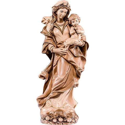 Statua della Madonna con le rose da 20 cm in legno con mordente in 3 toni di marrone - Demetz Deur