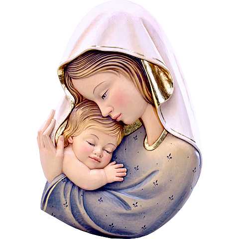Rilievo della Madonna con Bambino da Parete, Legno Dipinto a Mano, Azzurro e Bianco, Linea da 9 Cm Circa - Demetz Deur