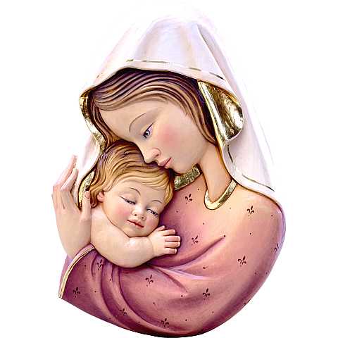 Rilievo della Madonna con Bambino da Parete, Legno Rifinito e Dipinto a Mano, Bianco e Rosso, Linea da 12 Cm Circa - Demetz Deur