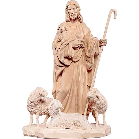 Statua di Gesù Buon Pastore con Pecore, Legno, Rifinitura Naturale, Altezza 40 Cm Circa - Demetz Deur	