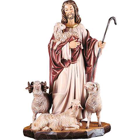 Statua di Gesù Buon Pastore Con Pecore, Legno Colorato Dipinto a Mano, Altezza 40 Cm Circa - Demetz Deur	