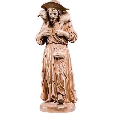 Statua del Buon Pastore in Legno, Rifinitura 3 Toni di Marrone, Altezza 25 Cm Circa - Demetz Deur