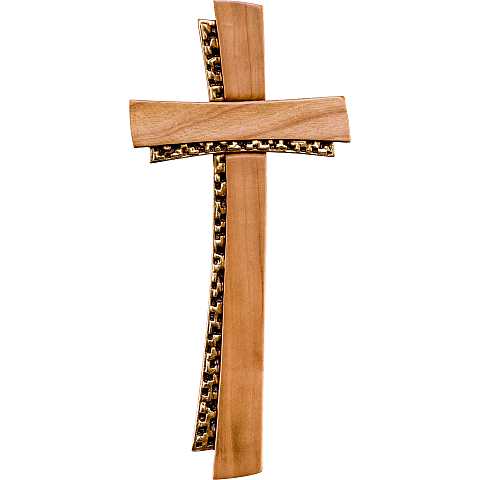 Crocifisso Stilizzato Contemporaneo, Croce Moderna di Design a Doppio Profilo, Legno di Ciliegio con Color Oro, Altezza: 28 Cm - Demetz Deur