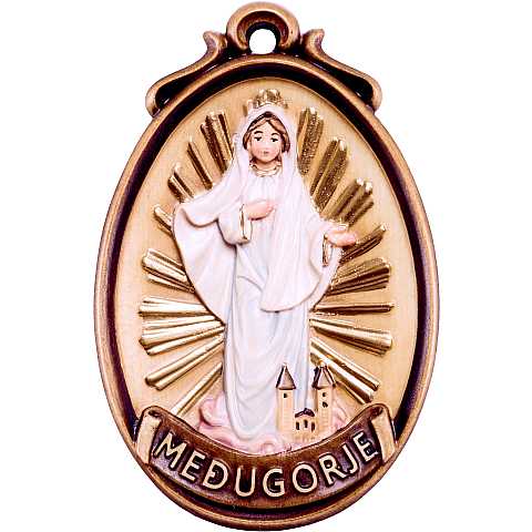 Medaglione Scolpito con Madonna Medjugorje a Figura Intera, Legno Colorato Dipinto a Mano, Altezza: 9 Cm - Demetz Deur