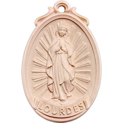 Medaglione Scolpito con Madonna di Lourdes a Figura Intera, Legno Naturale, Altezza: 6 Cm - Demetz Deur