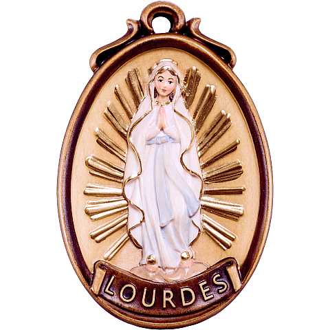 Medaglione Scolpito con Madonna di Lourdes a Figura Intera, Legno Colorato Dipinto a Mano, Altezza: 6 Cm - Demetz Deur
