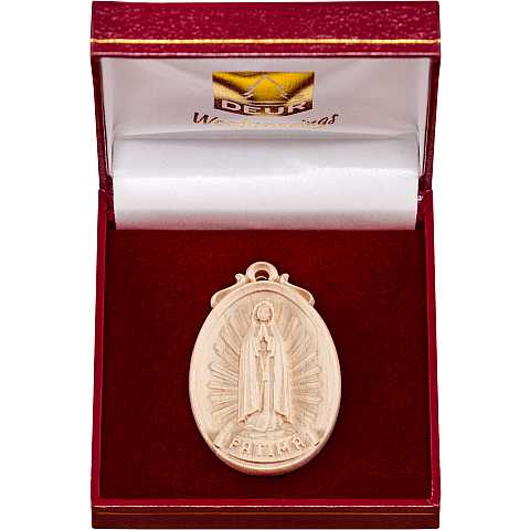 Medaglione Scolpito con Madonna di Fatima a Figura Intera, Legno Naturale, con Scatolina, Altezza: 6 Cm - Demetz Deur