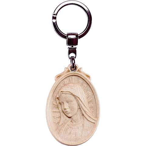 Portachiavi Madonna con Medaglione Scolpito del Volto della Madonna, Legno Naturale, Altezza: 6 Cm - Demetz Deur