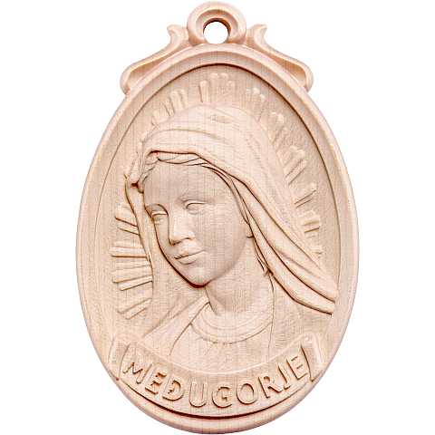 Medaglione Scolpito con Volto Madonna di Medjugorje, Legno Naturale, Altezza: 6 Cm - Demetz Deur