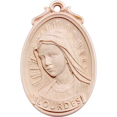 Medaglione Scolpito con Volto Madonna di Lourdes, Legno Naturale, Altezza: 6 Cm - Demetz Deur