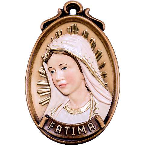 Medaglione Scolpito con Volto Madonna di Fatima, Legno Colorato Dipinto a Mano, Altezza: 9 Cm - Demetz Deur