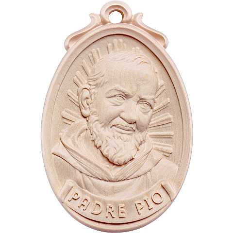 Medaglione Scolpito con Volto di Padre Pio, Legno Naturale, Altezza: 6 Cm - Demetz Deur