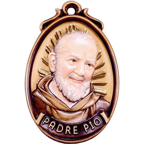 Medaglione Scolpito con Volto di Padre Pio, Legno Colorato Dipinto a Mano, Altezza: 9 Cm - Demetz Deur