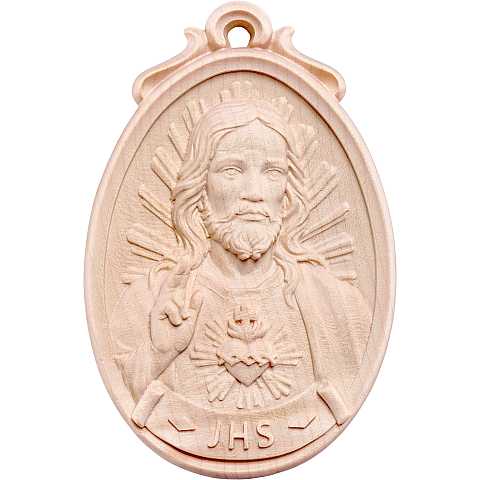 Medaglione Bassorilievo Del Sacro Cuore di Gesù, Rifinitura Legno Naturale, Altezza 6 Cm - Demetz Deur
