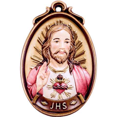 Medaglione Bassorilievo del Sacro Cuore di Gesù JHS, Legno Colorato Dipinto a Mano, Altezza 6 Cm - Demetz Deur