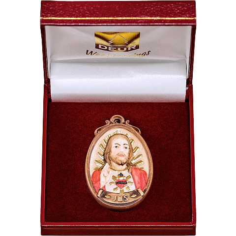 Medaglione Scolpito del Sacro Cuore di Gesu JHS, Legno Colorato Dipinto a Mano, con Scatolina, Altezza: 6 Cm - Demetz Deur