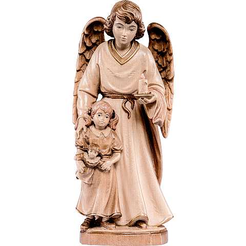 Statua Angelo Custode con Bambina, Legno in 3 Toni di Marrone, Linea da 20 cm - Demetz Deur