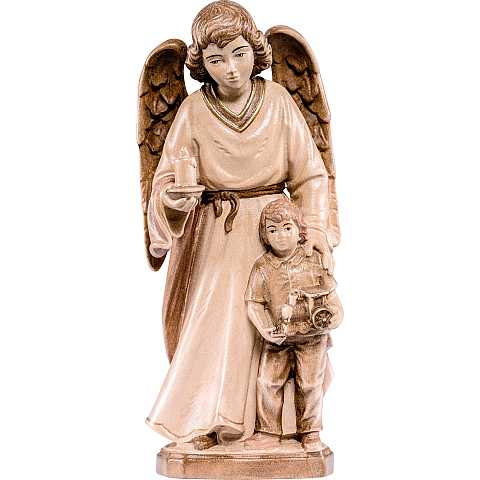 Statua Angelo Custode con Bambino, Legno in 3 Toni di Marrone, Linea da 60 cm - Demetz Deur