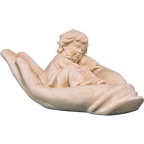 Mano Protettrice Distesa con Bambino, Statuetta in Legno Naturale, Lunghezza 11 Cm - Demetz Deur