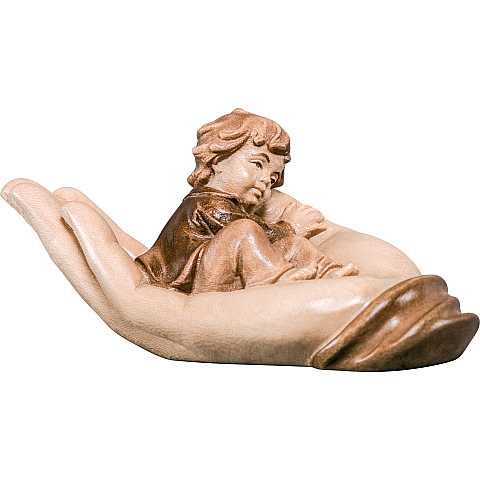Mano Protettrice Distesa con Bambino, Statuetta in Legno, 3 Toni di Marrone, Lunghezza 7 Cm - Demetz Deur