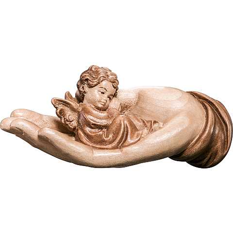 Mano protettrice distesa con angelo rosso - Demetz - Deur - Statua in legno dipinta a mano. Altezza pari a 11 cm.