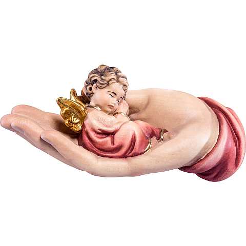 Mano protettrice distesa con angelo rosso - Demetz - Deur - Statua in legno dipinta a mano. Altezza pari a 14 cm.