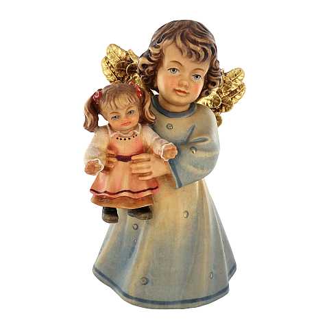 Statuina dell'angioletto con bambola, linea da 14 cm, in legno dipinto a mano, collezione Angeli Sissi - Demetz Deur