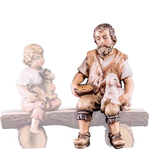 Pastore seduto con agnello ''Rives Krippe'', Statuina in Legno Dipinto a Mano, Adatta a Presepe Linea 15 Cm - Demetz Deur